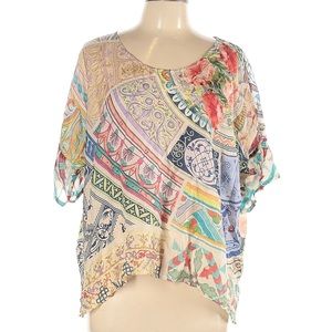 Johnny Was Free Spirit Bohemian 100% Silk Mosaic Floral Print Blouse LARGE